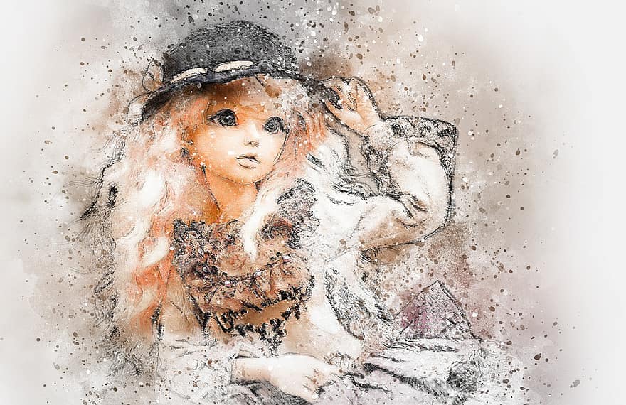 Doll, Art, Abstract, Vintage, Girl, Watercolor, Beauty, Emotion, Design, Aquarelle