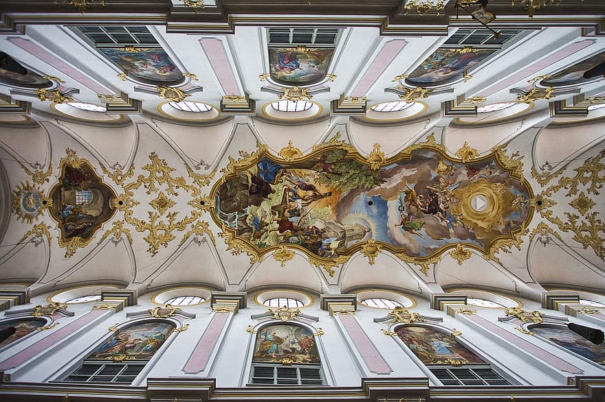 Cathedral, Interior, Ceiling, Architecture, Mural, Fresco, Catholic, Religion, Christianity, Building, Bible
