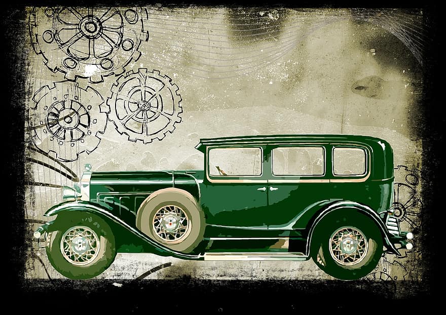 cotxe, vintage, vell, antiguitat, automòbil, transport, verd, fons, collage, composició, història