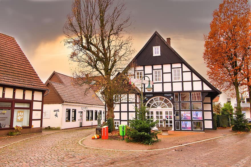 Cidade, casas, aldeia, Werther, ostwestfalen, Alemanha, arquitetura, treliça