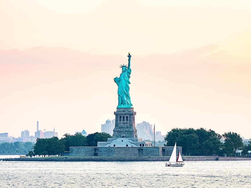 Vrijheidsbeeld, Hudson rivier, monument, New York, nyc, stad, Verenigde Staten, Verenigde Staten van Amerika, horizon, Bekende plek, reizen