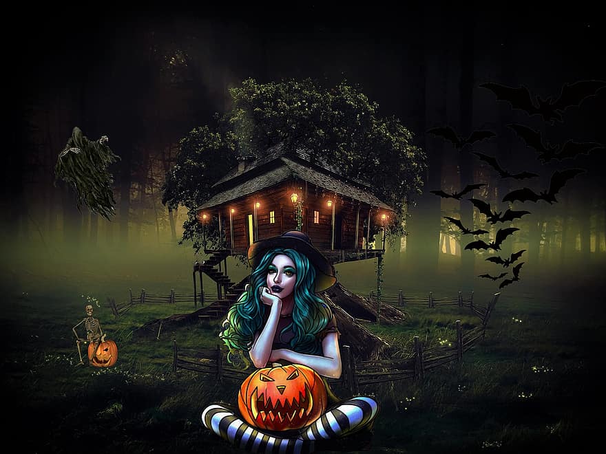 вещица, тиква, Хелоуин, жена, тиквен фенер, къща, прилепи, скелет, гора, гори, зловещ