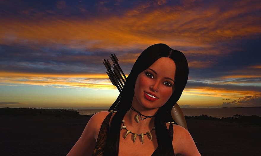 Indian, kvinna, solnedgång, inföding