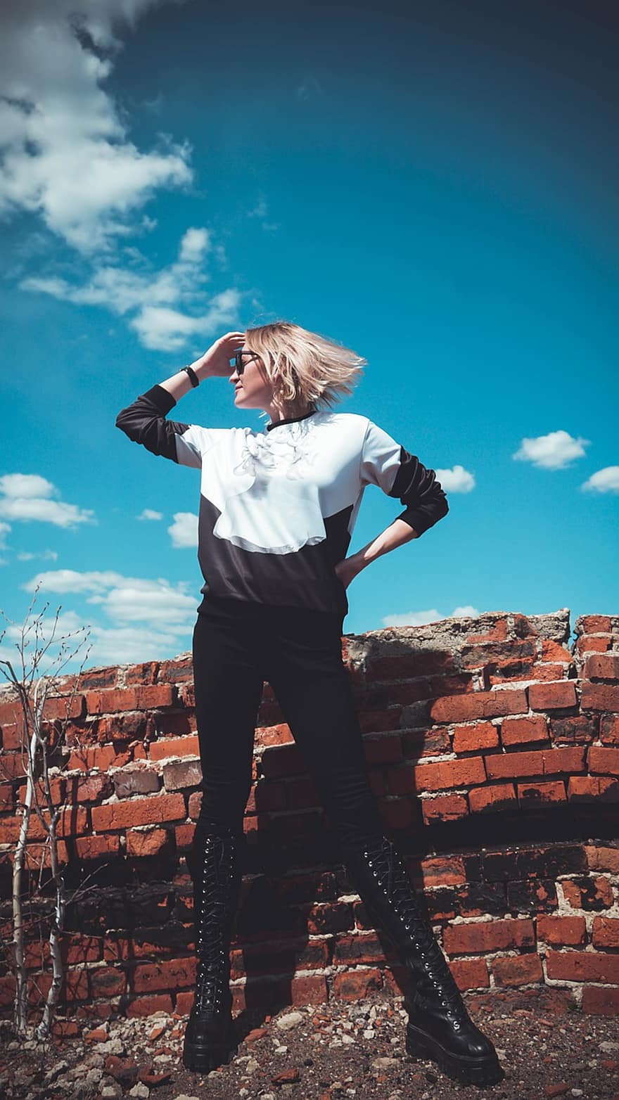 Young Woman, Woman, Blonde, Sky, Street, Clouds, Fashion, Style