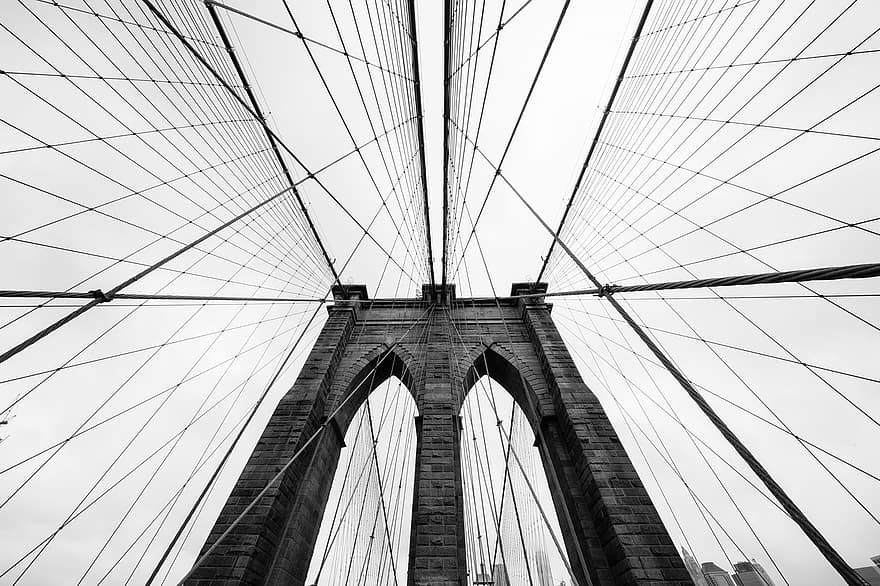 New York, le pont de Brooklyn, monochrome, ville, Voyage, tourisme, pont, Etats-Unis, Amérique, architecture, endroit célèbre