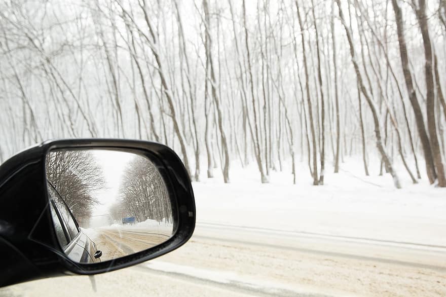 coche, carril, la carretera, camino, naturaleza, soledad, bosque, tormenta de nieve, frío, conducción, escarcha