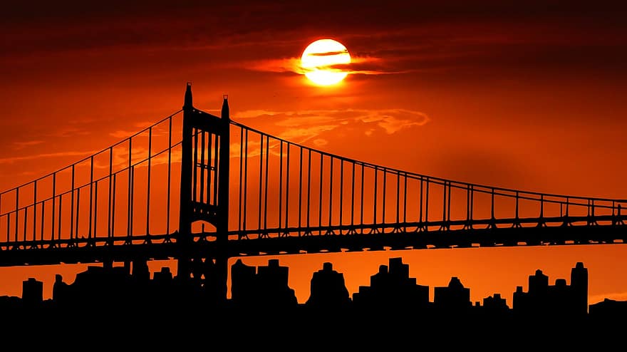 日没、ブリッジ、ブルックリン、アメリカ、建築、都市、トワイライト、旅行、空