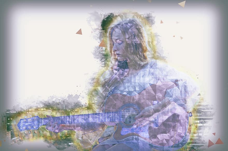 blau, energia, dones, tocant la guitarra, polígon, art, fons de pantalla