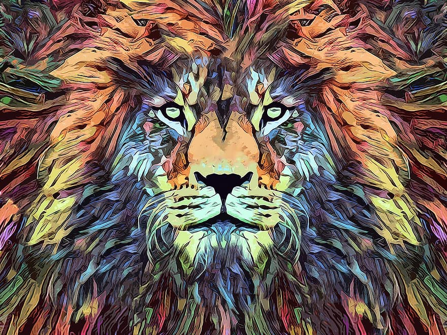 løve, farverig, konge, jungle, natur, dyreliv, tegning, vild, design, portræt, pattedyr