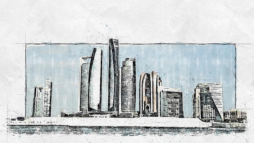 Абу Даби, град, силует, Обединени арабски емирства, архитектура, небостъргачи, сгради, градски, небостъргач, градски пейзаж, външна сграда
