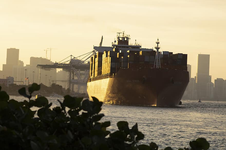 Kapal kontainer, kapal barang, kapal kargo, matahari terbenam, industri pengiriman, Pelabuhan, laut, pengiriman, kapal industri, angkutan, kapal laut