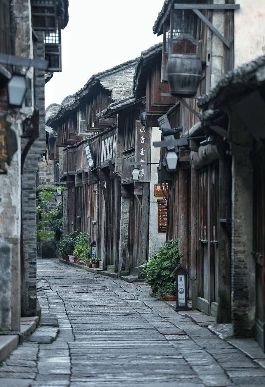 callejón, calle, plantas, edificio, antigüedad, de madera, línea, wuzhen, turismo, las dinastías ming y qing, arquitectura huizhou