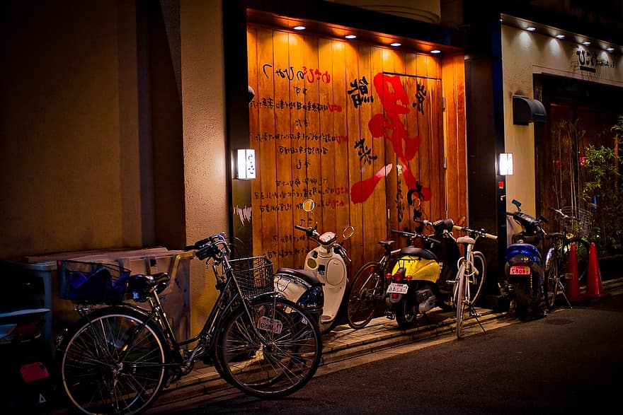 motorkerékpár, kerékpár, város, városi, étterem, éjszaka
