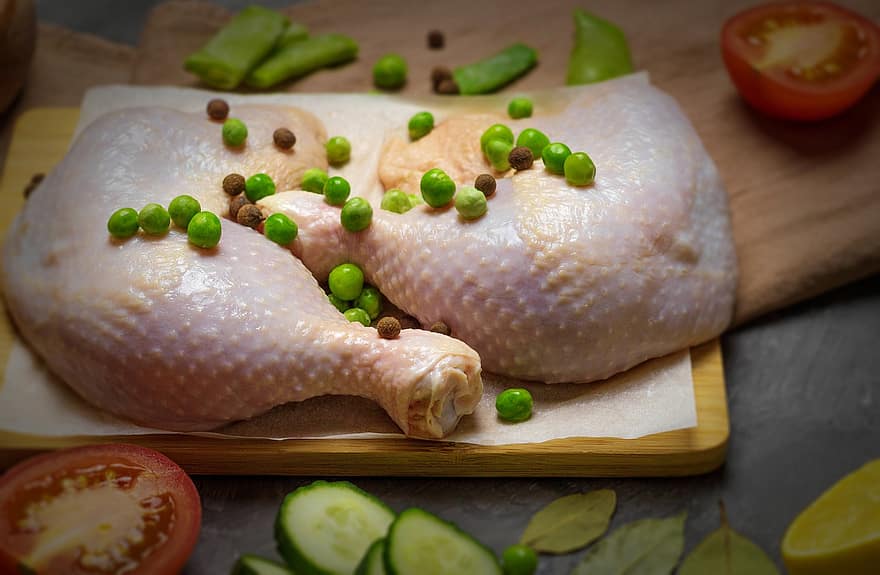 kylling, ærter, mad, kyllingelår, rå, ingrediens, grønne ærter, grøntsag, måltid, madlavning, nedskæringer
