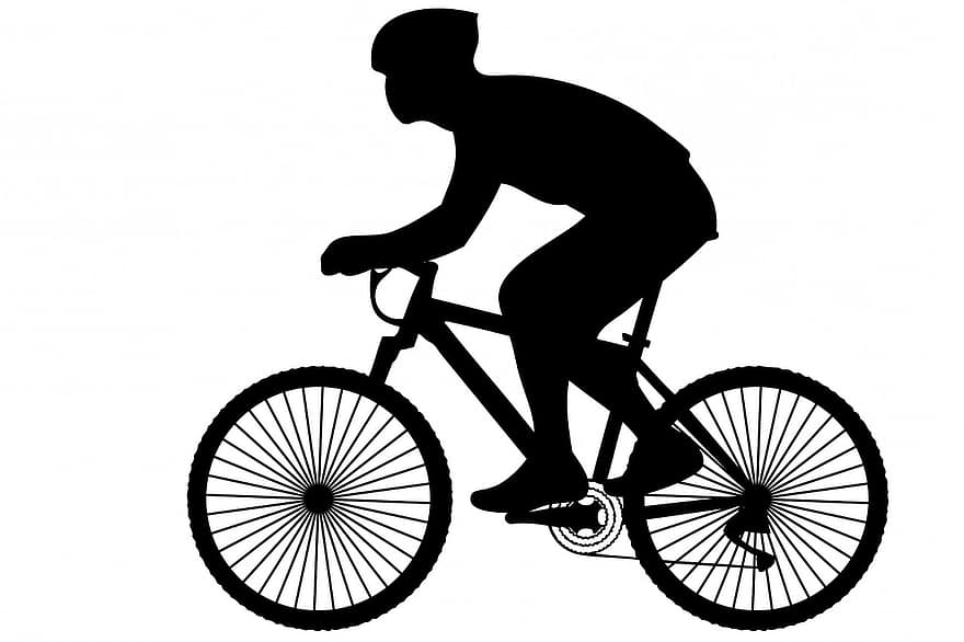 pyöräilijä, polkupyörä, pyörä, kilpa-pyörä, mies, henkilö, musta, siluetti