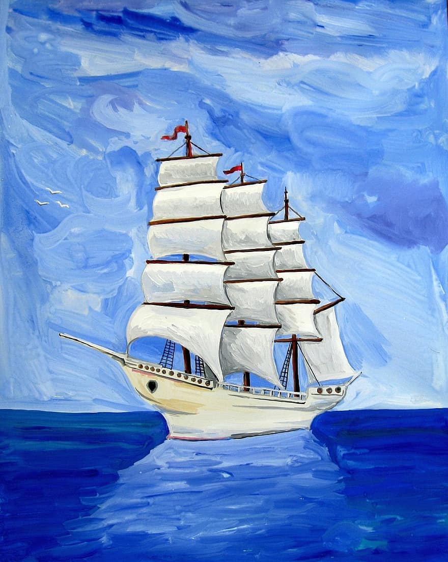 खगोलविद, समुद्र, सेलिंग, समुंद्री जहाज, गौचे, पेंट, चित्र, सेलबोट, पेचकारेवा, नीला, सफेद