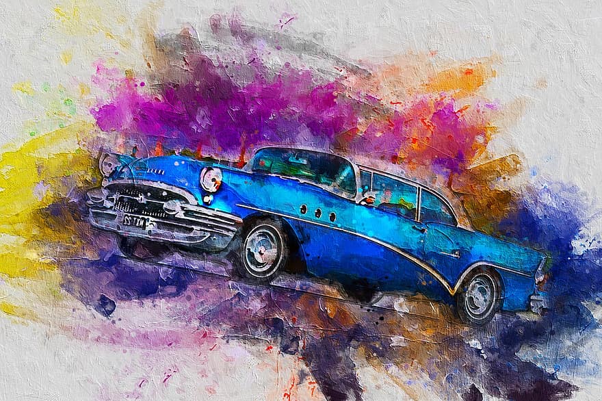 carro antigo, pintura digital, arte, aguarela, carro, auto, artístico, colorida, veículo, velho