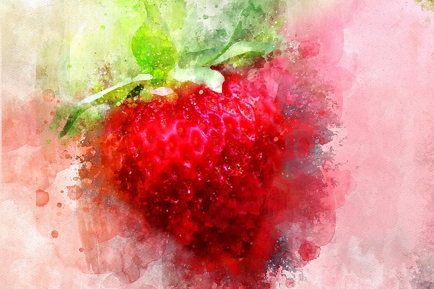 fraise, rouge, aquarelle, fruit, aliments, Frais, sucré, baie, dessert, savoureux, biologique