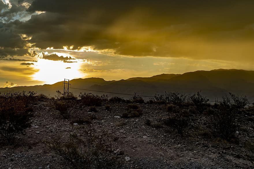 auringonlasku, myrsky, aavikko, sade, vuoret, maisema, Nevada