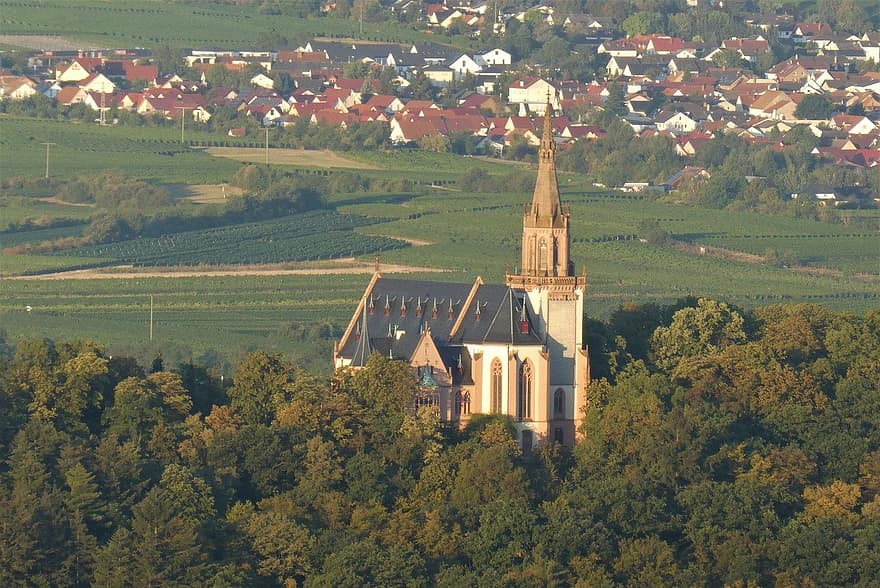 教会、ビンゲンアムライン、タウン、タワー、尖塔、建築、ドイツ、キリスト教、田園風景、宗教、有名な場所