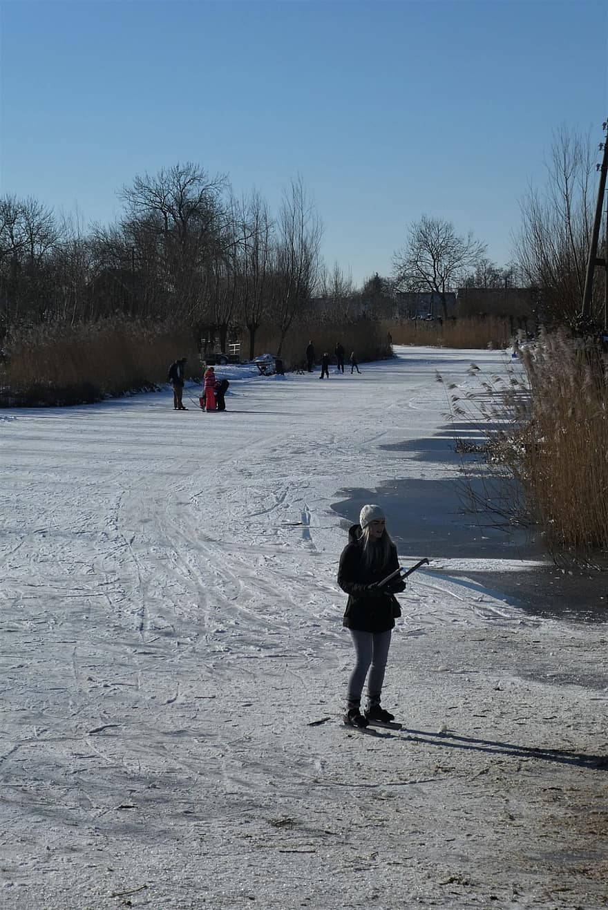 सर्दी, मौसम, सड़क पर, प्रकृति, आइस स्केटिंग, नदी, जमे हुए, नीदरलैंड, हिमपात, बर्फ, खेल