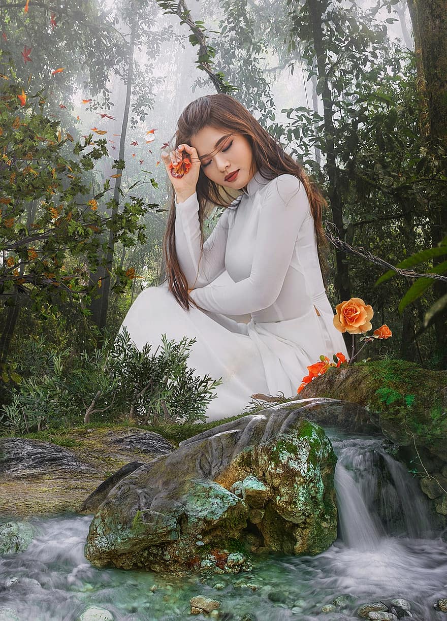 femeie, pădure, râu, par lung, rochie albă, copaci, flori, petale, apă, stâncă, mistic