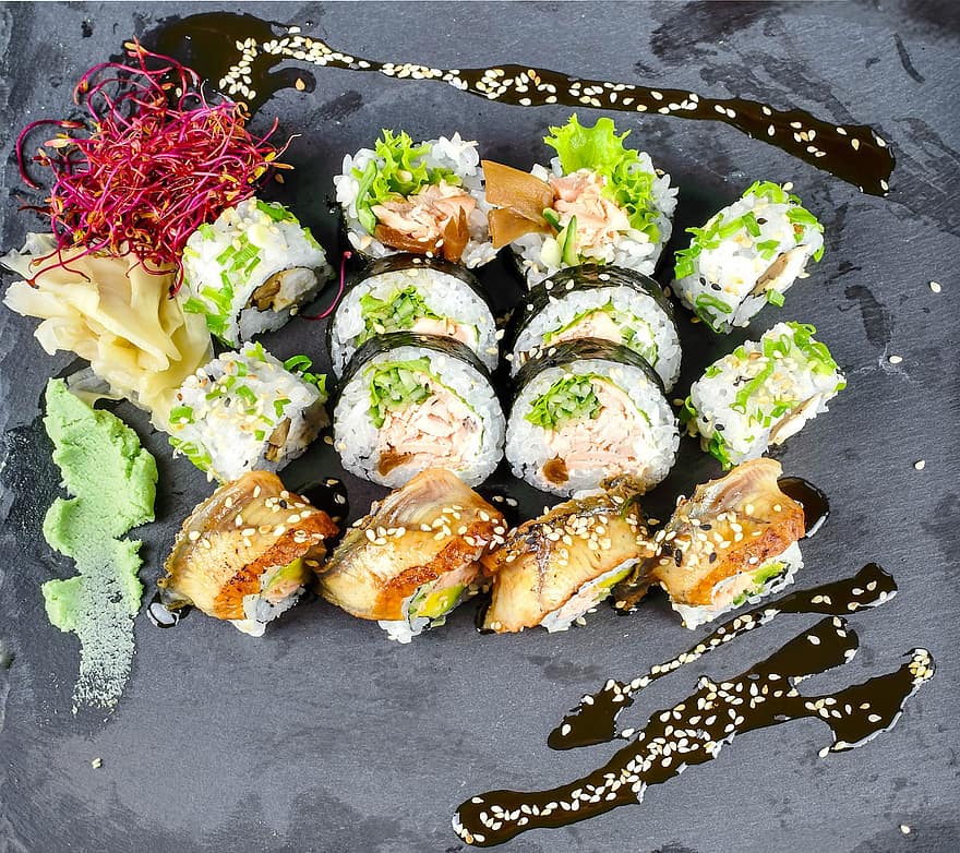 Sushi, rouleaux de sushi, maki, nourriture japonaise, cuisine japonaise, maki californie, aliments, gourmet, Fruit de mer, repas, fraîcheur