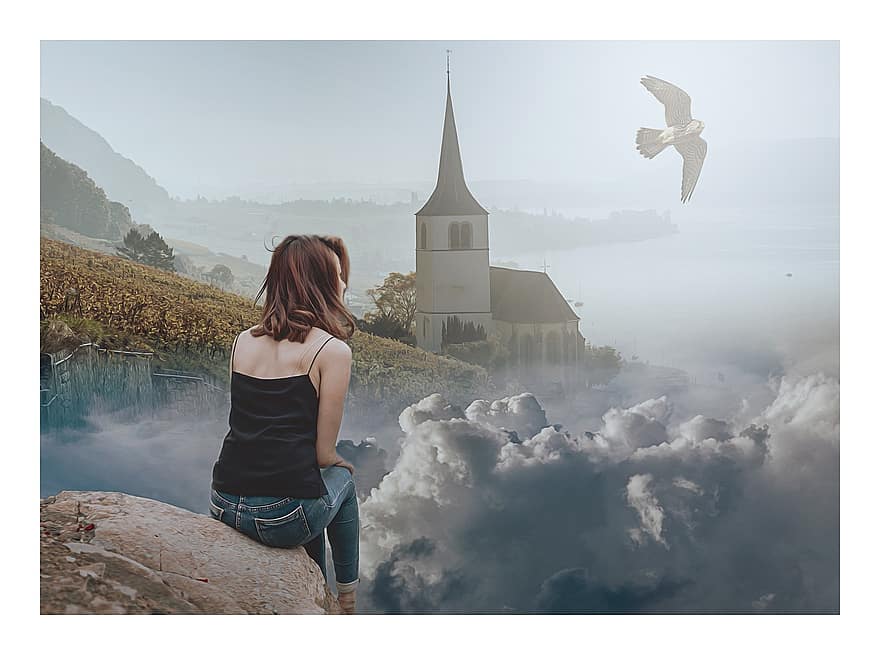 краєвид, фантазія, фантастичний краєвид, вежа, церква, небо, туман, хмари, птах, людина, жінка