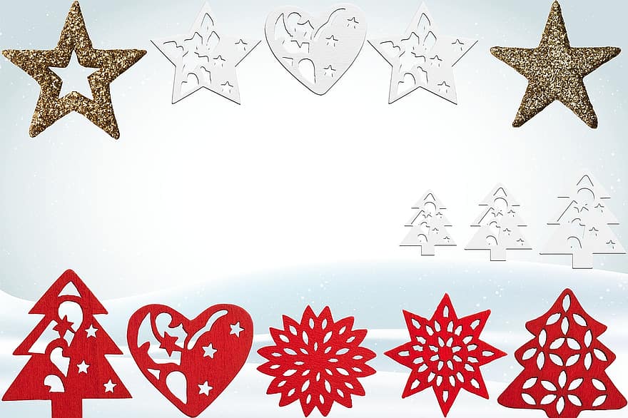 Christmas, Icon Set, Star, Fir Tree, Heart, Gold, White, Red, Design Material, Wood, Laser Cut