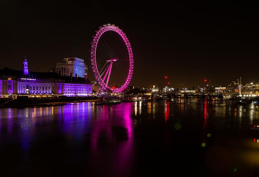 pariserhjul, monument, tiltrekning, London Eye, london, landemerke, thames, Themsen, arkitektur, natt, berømt