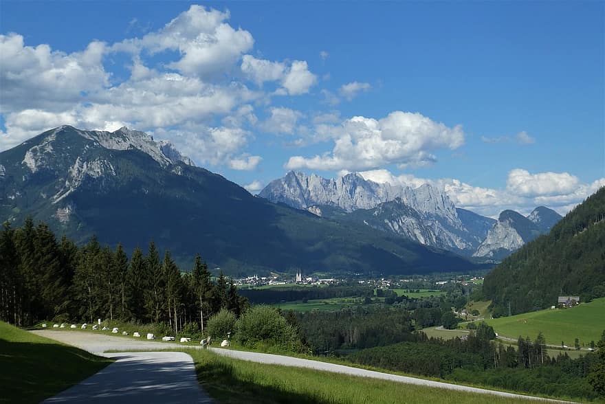 montañas, pueblo, la carretera, camino, Valle, paisaje, naturaleza, Austria, Admont, estiria, Alpes