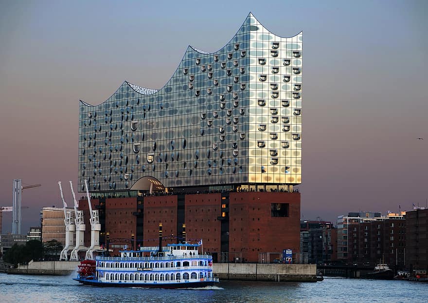 laiva, siipiratasalus, aatto, auringonlasku, arkkitehtuuri, Hamburg, Elbphilharmonie, Hafencity, delfoi, Elbe