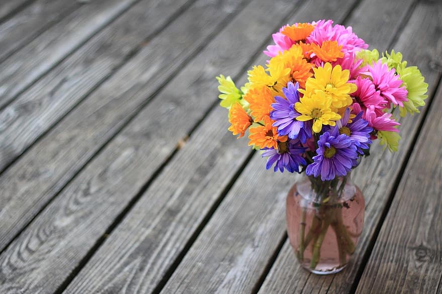 flowers, gerbera, vase, wood, flower, bouquet, summer, plant, close-up, table, flower head