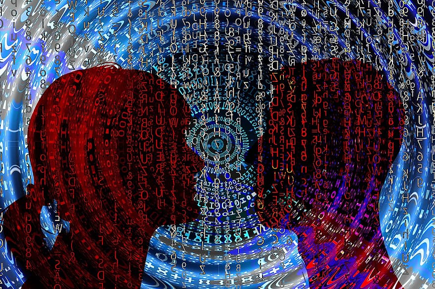 матрица, технология, силуети, мъж, жена, данни, дигитален, мрежа, интернет, код, компютър
