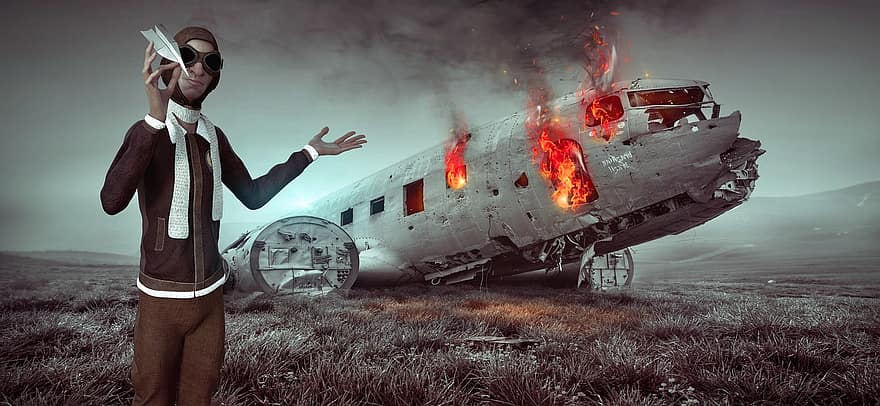 fantastyczny, samolot, pilot, ogień, złamany, ironicznie, papierowy samolot, nastrój, palić się, scena, uspokajający