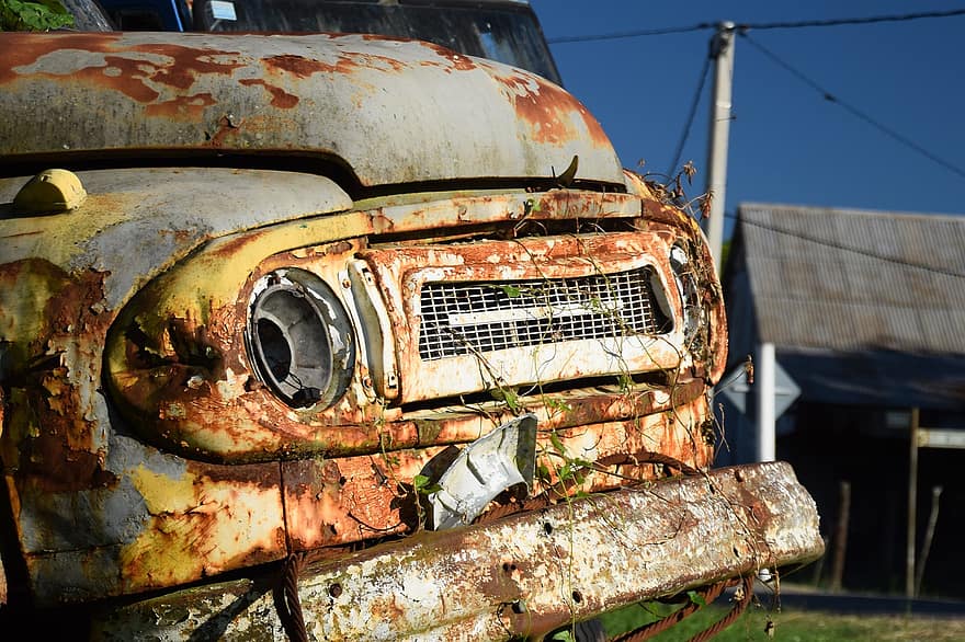cotxe, vehicle, abandonat, rovellat, rural, vintage