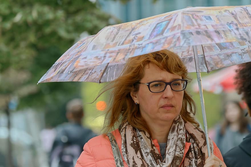 Woman, Umbrella, Eyeglasses, Portrait, Rain, Glasses, Walk, women, adult, wet, city life