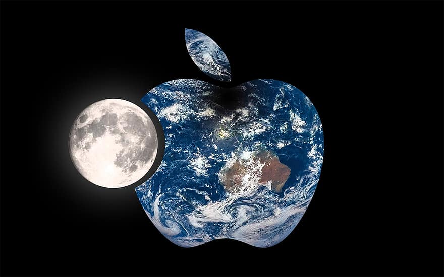 Ziemia, księżyc, glob, świat, system, jabłko, logo Apple, czarna ziemia, Czarny świat, czarny księżyc, Czarne logo