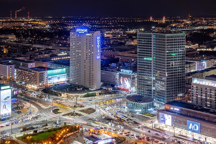 Roman Dmowski, rundkjøring, Warszawa, Polen, skyline, by, bybildet, skyskrapere, tårn, natt, lys
