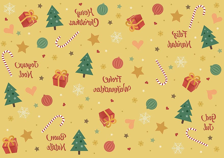 pohon Natal, tongkat permen, kepingan salju, jantung, hadiah, bintang, emas, hari Natal, Latar Belakang, musim dingin, kedatangan