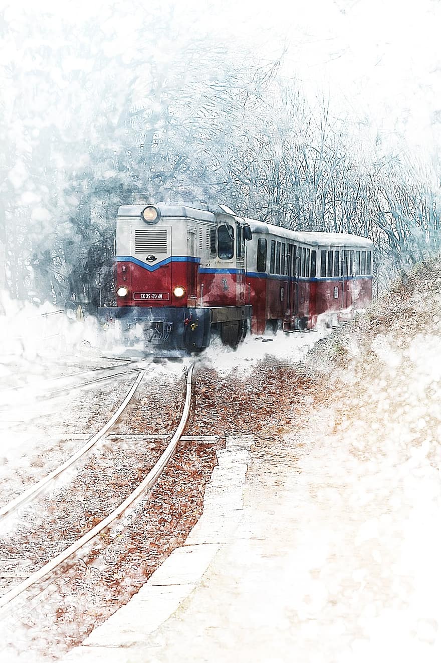 поезд, Дорога, зима, лес, лесная дорога, деревья, холодно