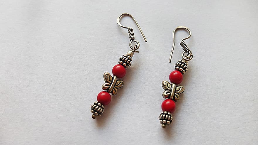 des boucles d'oreilles, perles, bijoux, perles rouges, Boucles d'oreilles pendantes, décoratif