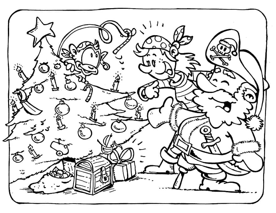 pirați, Crăciun, copac, iarnă, fericit, decoratiuni, cadouri, maimuţă, desen animat
