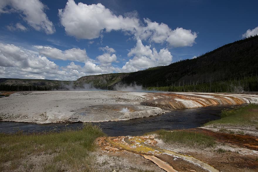 geyser, Yellowstone, la nature, eau, vapeur, printemps, bassin de geyser, volcanique, paysage, les montagnes, le parc national de Yellowstone