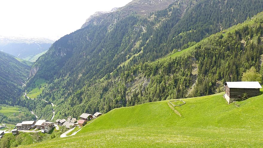 dağ köyü, Vals Vadisi, dağ, çayır, köy, doğa, çimen, peyzaj, yaz, kırsal manzara, yeşil renk