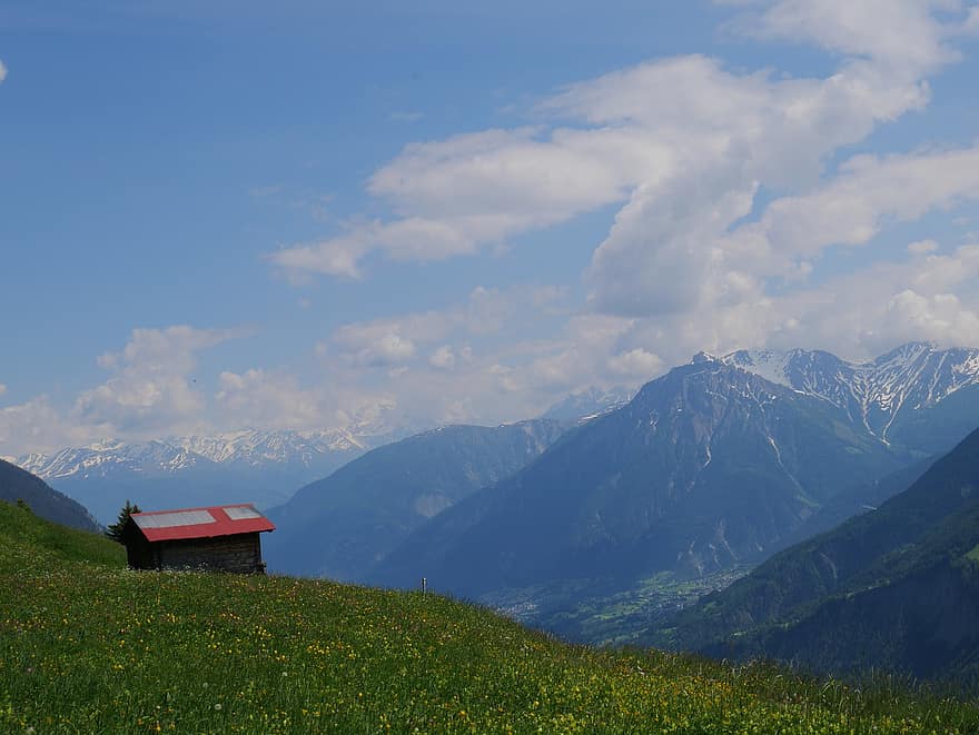山岳、スイス、小屋、風景、自然、雲、空、霧、サミット、風光明媚な