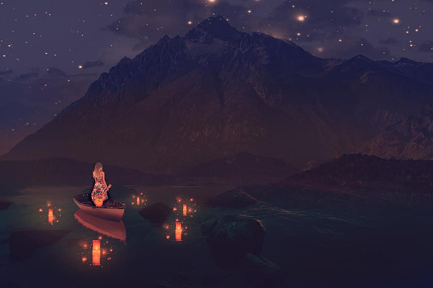 montanhas, lago, menina, barco, barco a remo, lanternas, iluminado, fantasia, surreal, reflexão, espelhamento