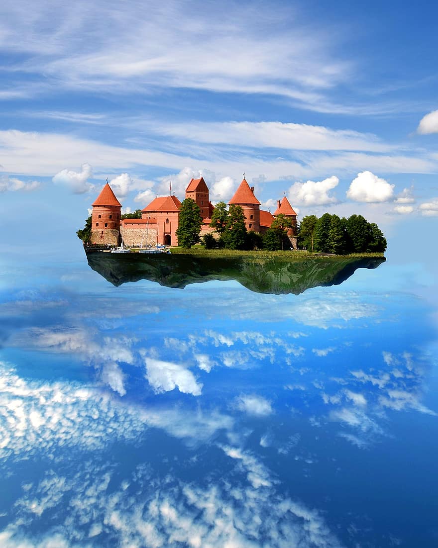 城、飛行、空、魔法、神秘的な、ファンタジー、雲、中世の、リトアニア、トラカイ、青