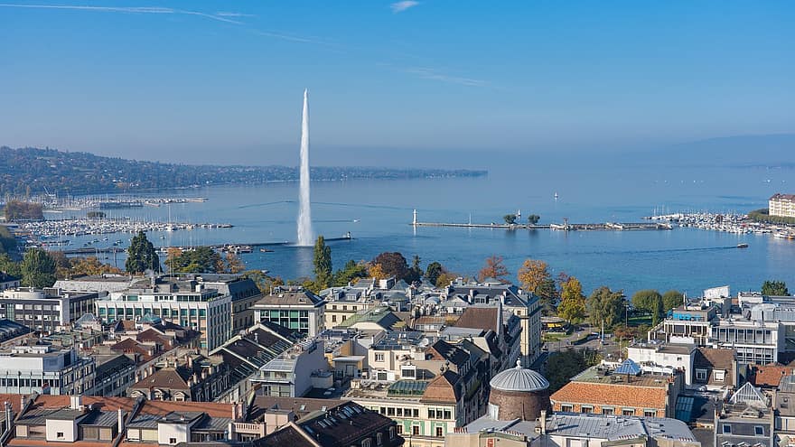 Genève Vandfontæne, Geneve, jet d'eau, by, Schweiz, søen geneva, landskab, sø, springvand, panorama
