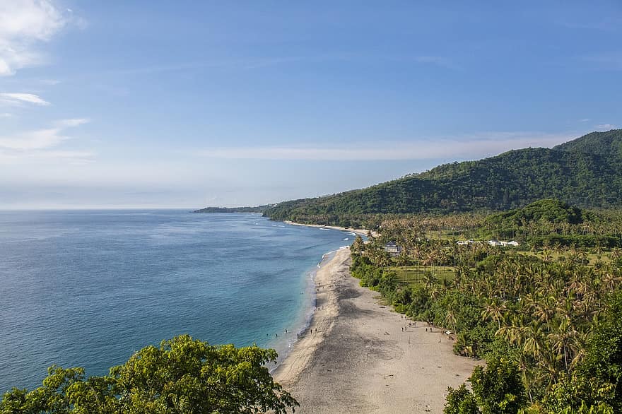ビーチ、海、インドネシア、ロンボク、ナチュラル、風景、空、青、夏、海岸線、水
